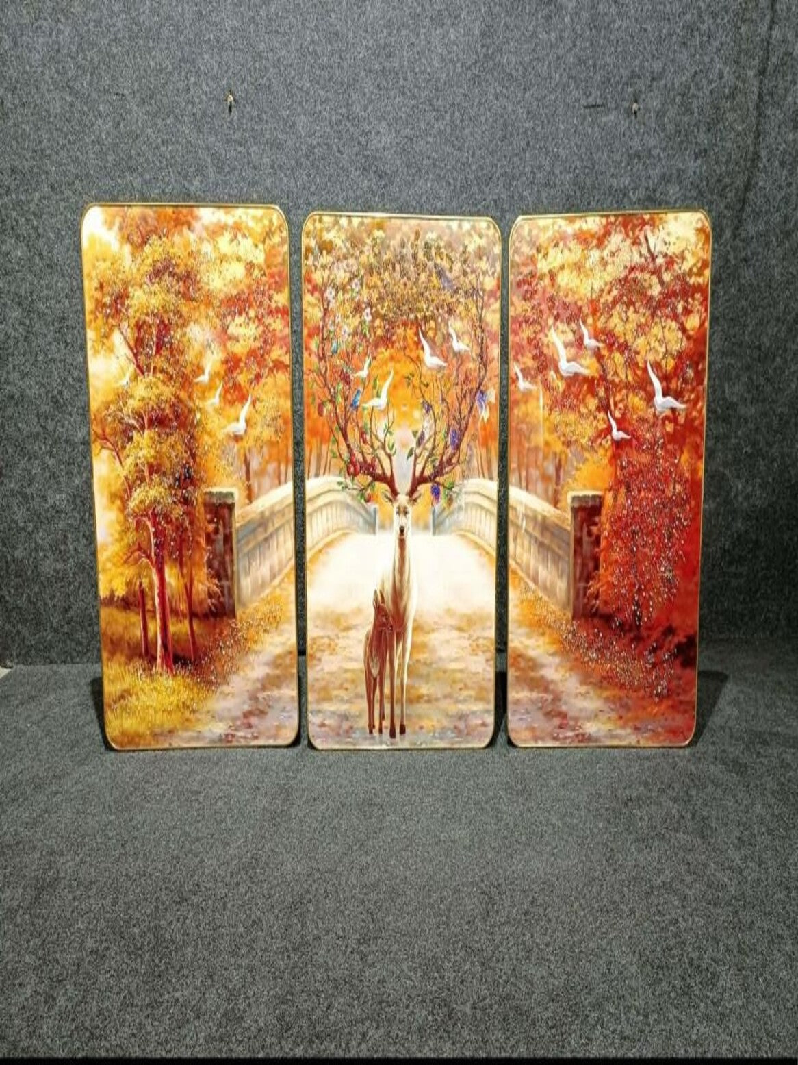 Crystal Paintings Autumn Serenade Deer by the Bridge Triptych