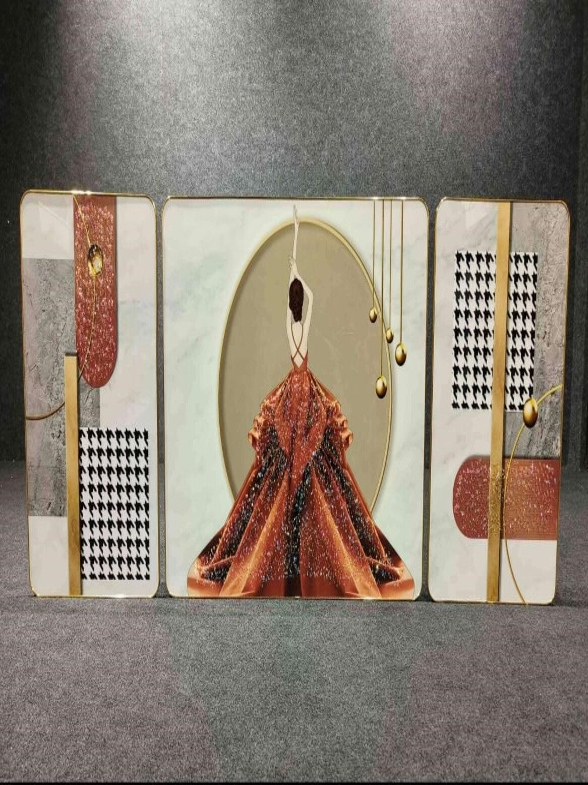 Crystal Paintings Abstract Elegance Triptych Modern Woman in Flowing Gown Wall Art