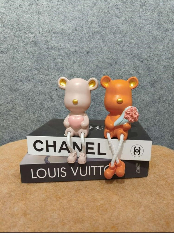 Artifacts Adorable Bear Figurines with Heart & Bouquet on Designer Book Stack Decor - Chanel & Louis Vuitton Inspired