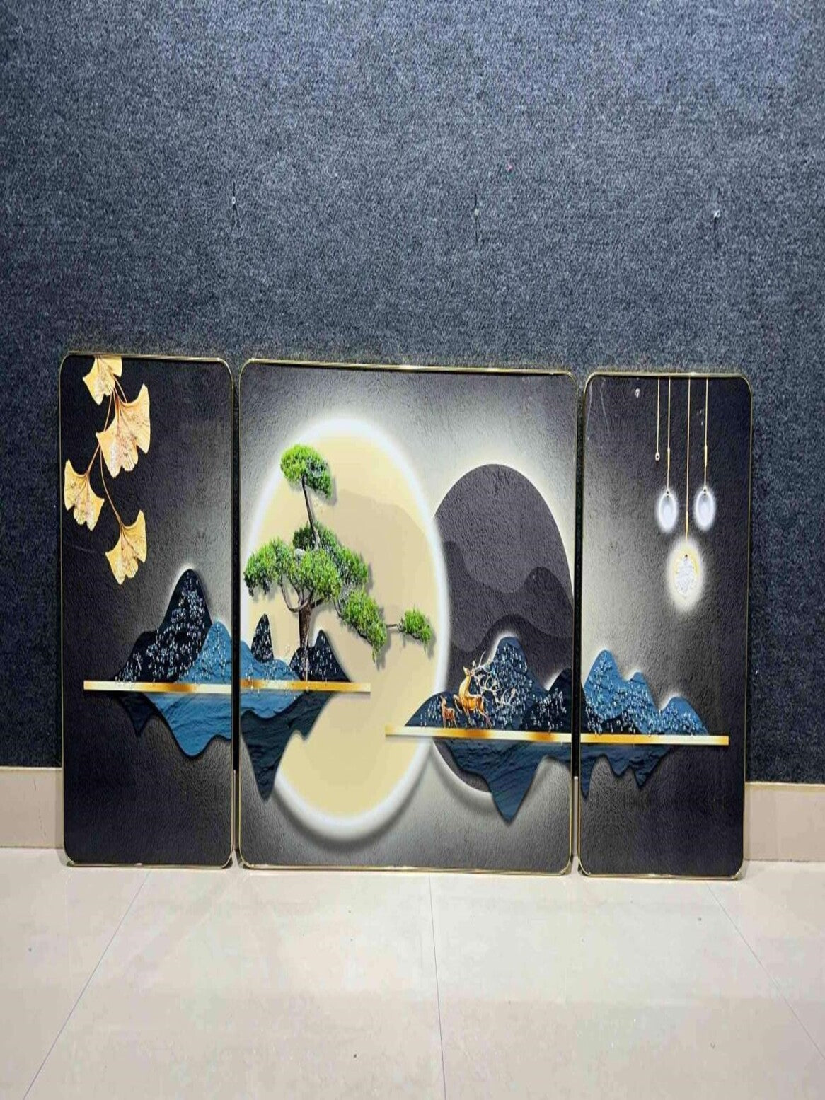 Crystal Paintings Tranquil Asian Landscape Triptych: Floating Islands and Moonlight Wall Art