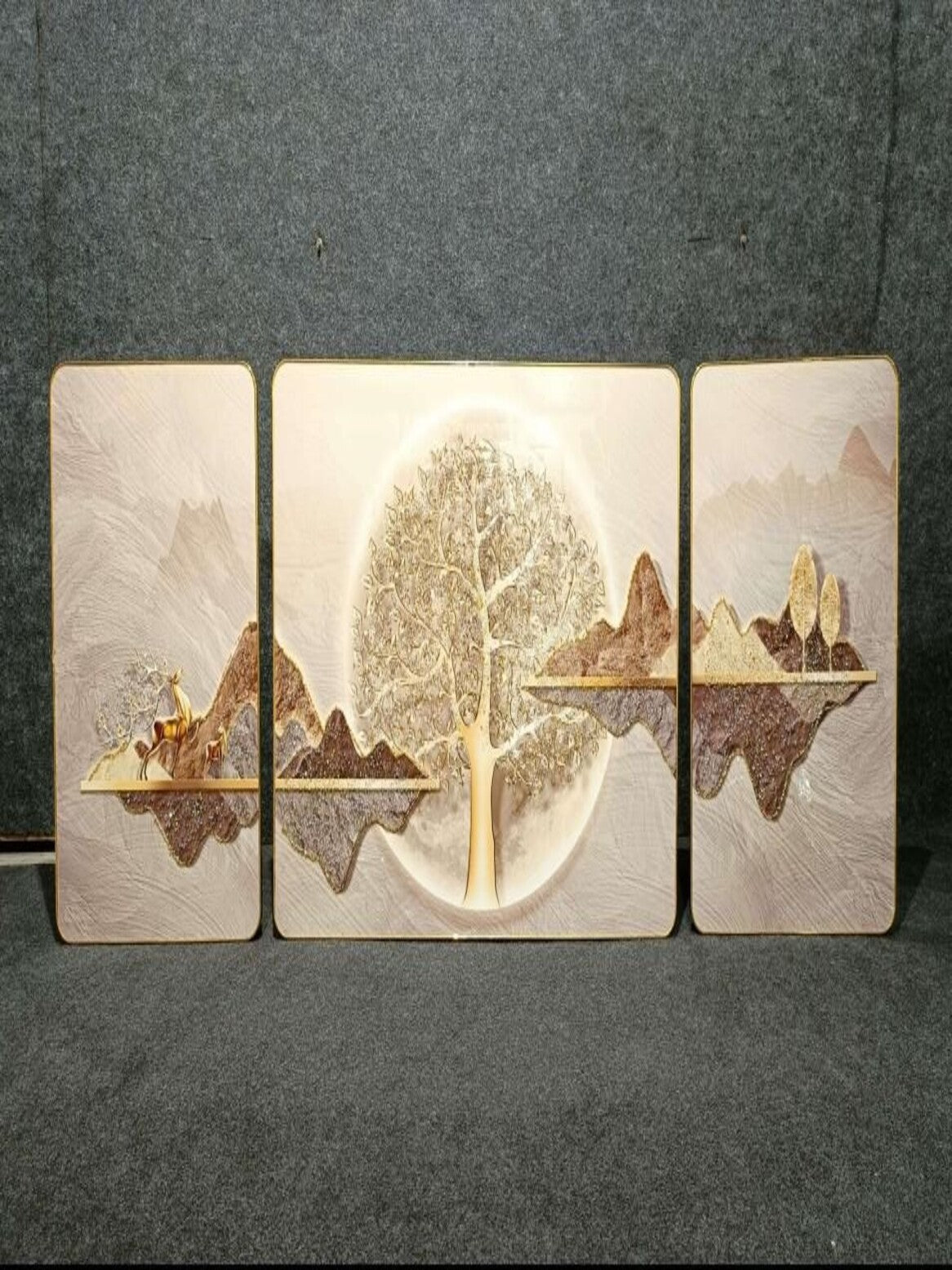 Crystal Paintings Ethereal Golden Tree Triptych Textured Floating Landscape Wall Art