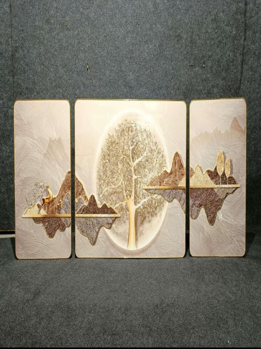 Crystal Paintings Ethereal Golden Tree Triptych Textured Floating Landscape Wall Art