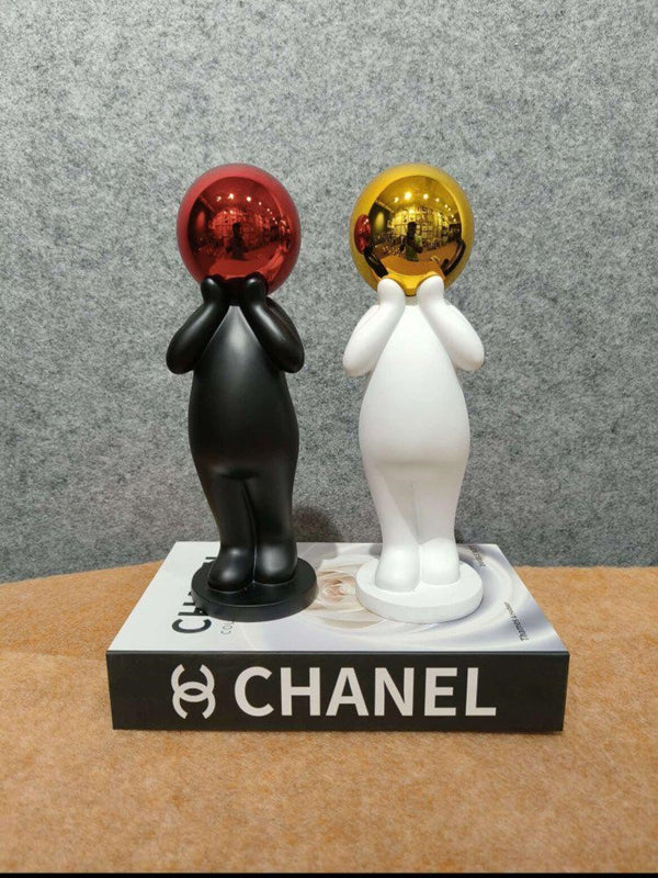Artifacts Abstract Humanoid Sphere-Head Statues with Chanel Book Base - Modern Art Decor