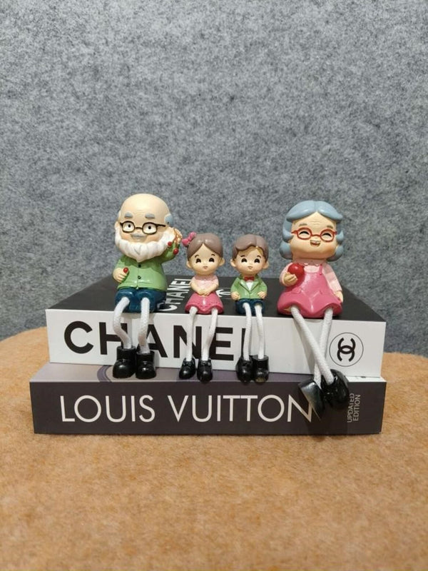 Artifacts Adorable Grandparents & Grandchildren Family Figurines on Designer Book Stack Decor - Chanel & Louis Vuitton Inspired