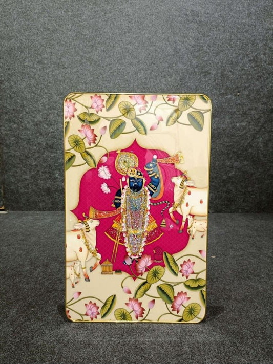 Crystal Paintings Divine Krishna with Cows Amidst Lotus Blooms - Hand-Painted Pichwai Wall Art