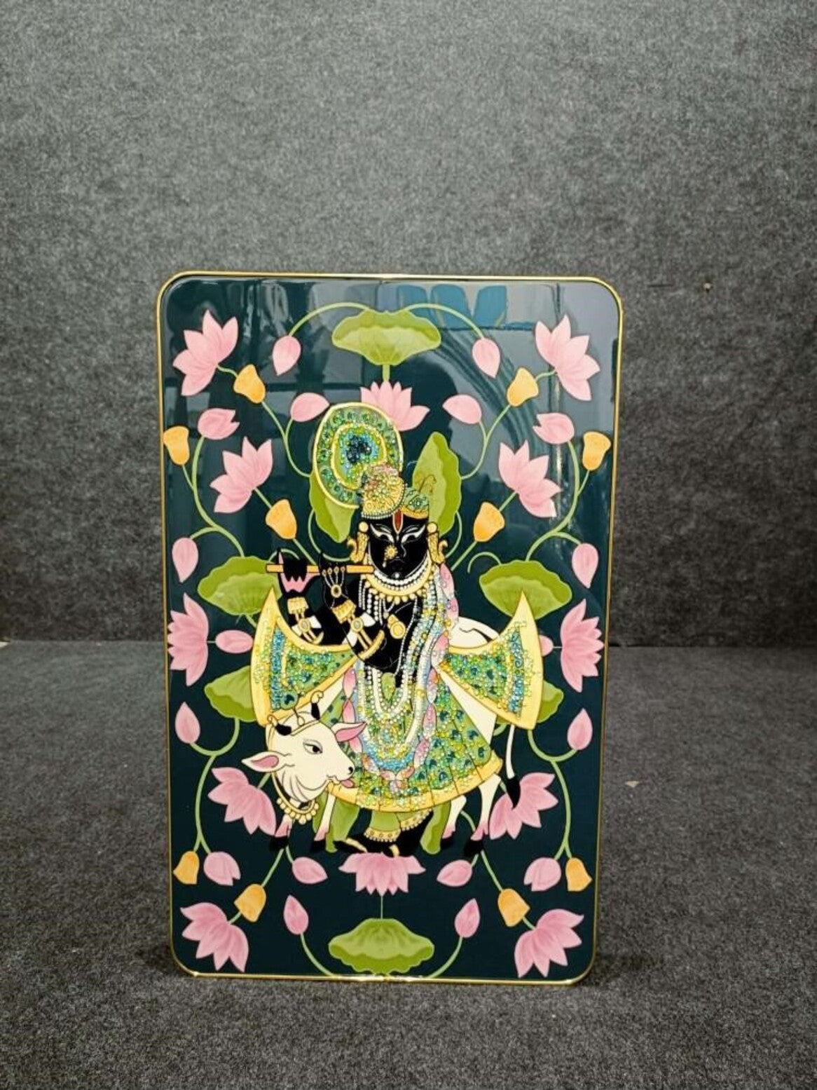 Crystal Paintings Divine Serenity Lord Krishna Playing the Flute with Cow Wall Painting