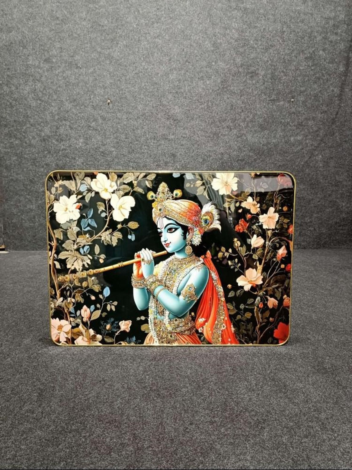 Crystal Paintings Enchanting Melody: Lord Krishna with Floral Garden Wall Painting