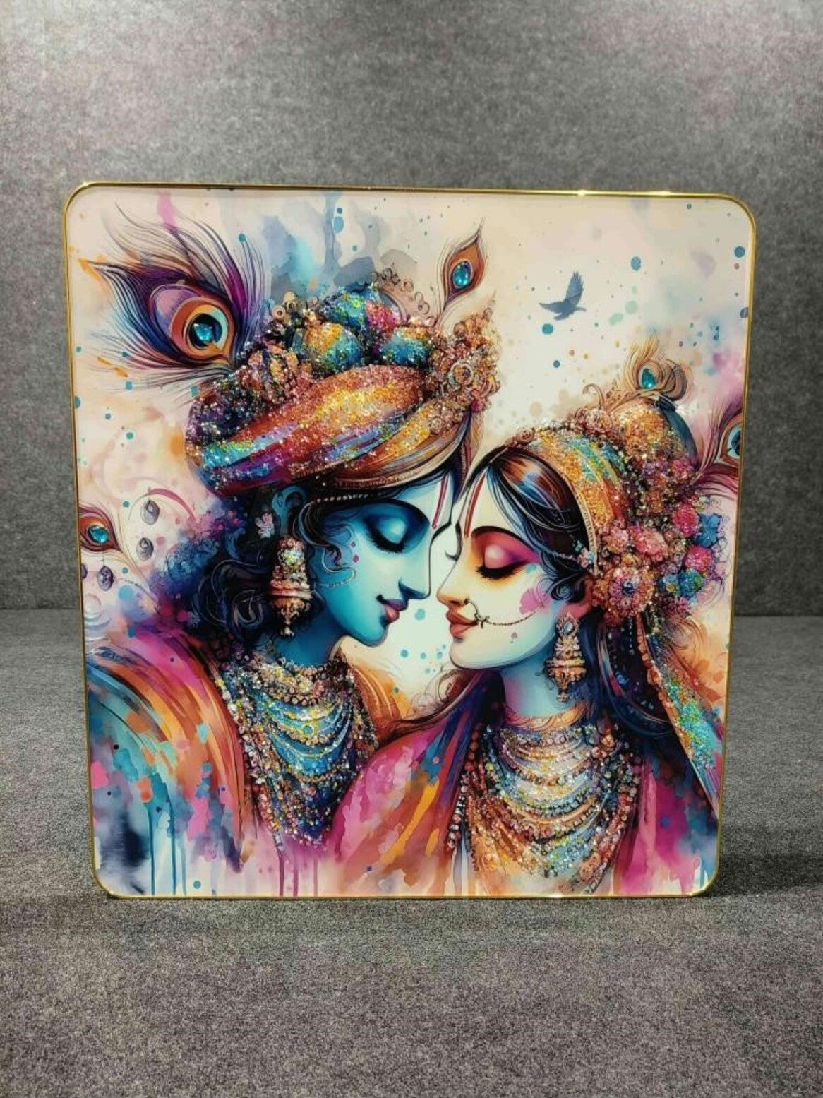 Crystal Paintings Divine Embrace Radha Krishna Watercolor Wall Art