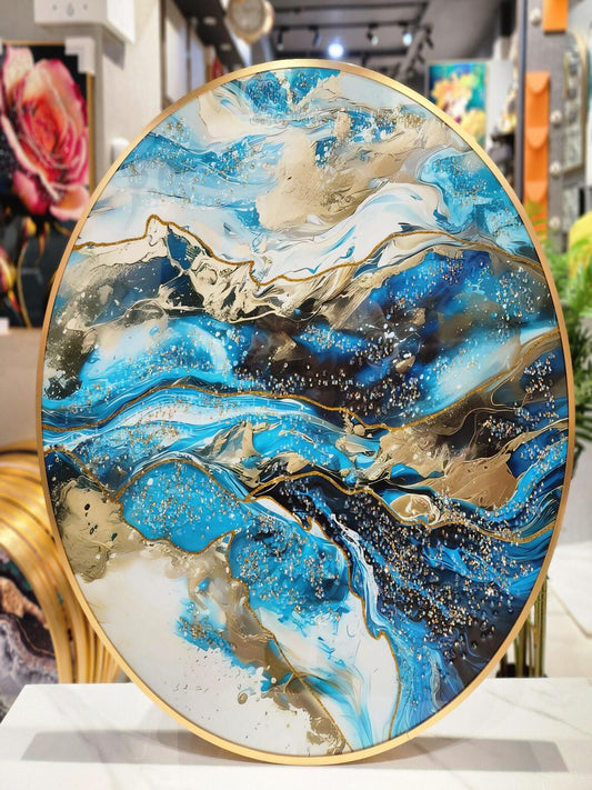 Crystal Paintings Crystalline Currents Abstract Resin Art with Golden Accent