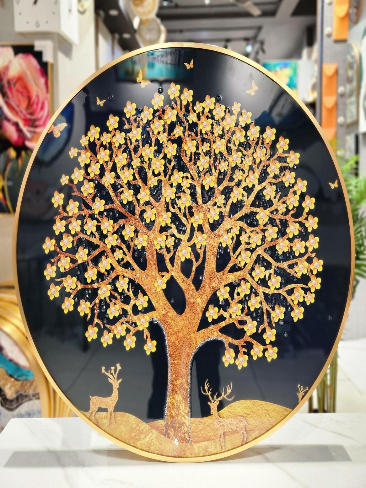 Crystal Paintings Golden Blossom Crystal Tree with Deer Round Metal Framed Wall Arts