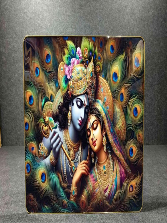 Crystal Paintings Radha Krishna amidst Peacock Feathers - Premium Sparkle Laminated Wall Art