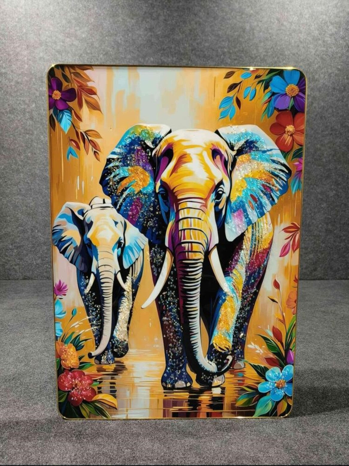 Crystal Paintings Majestic Duo: Vibrant Elephant Walk Crystal Embellished Wall Art