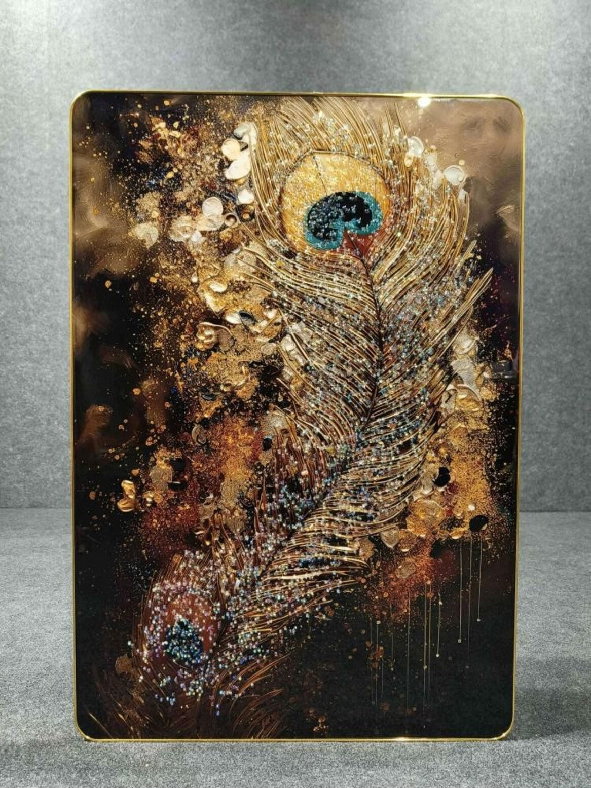Crystal Paintings Gilded Grandeur: Sparkling Peacock Feather Abstract Wall Art