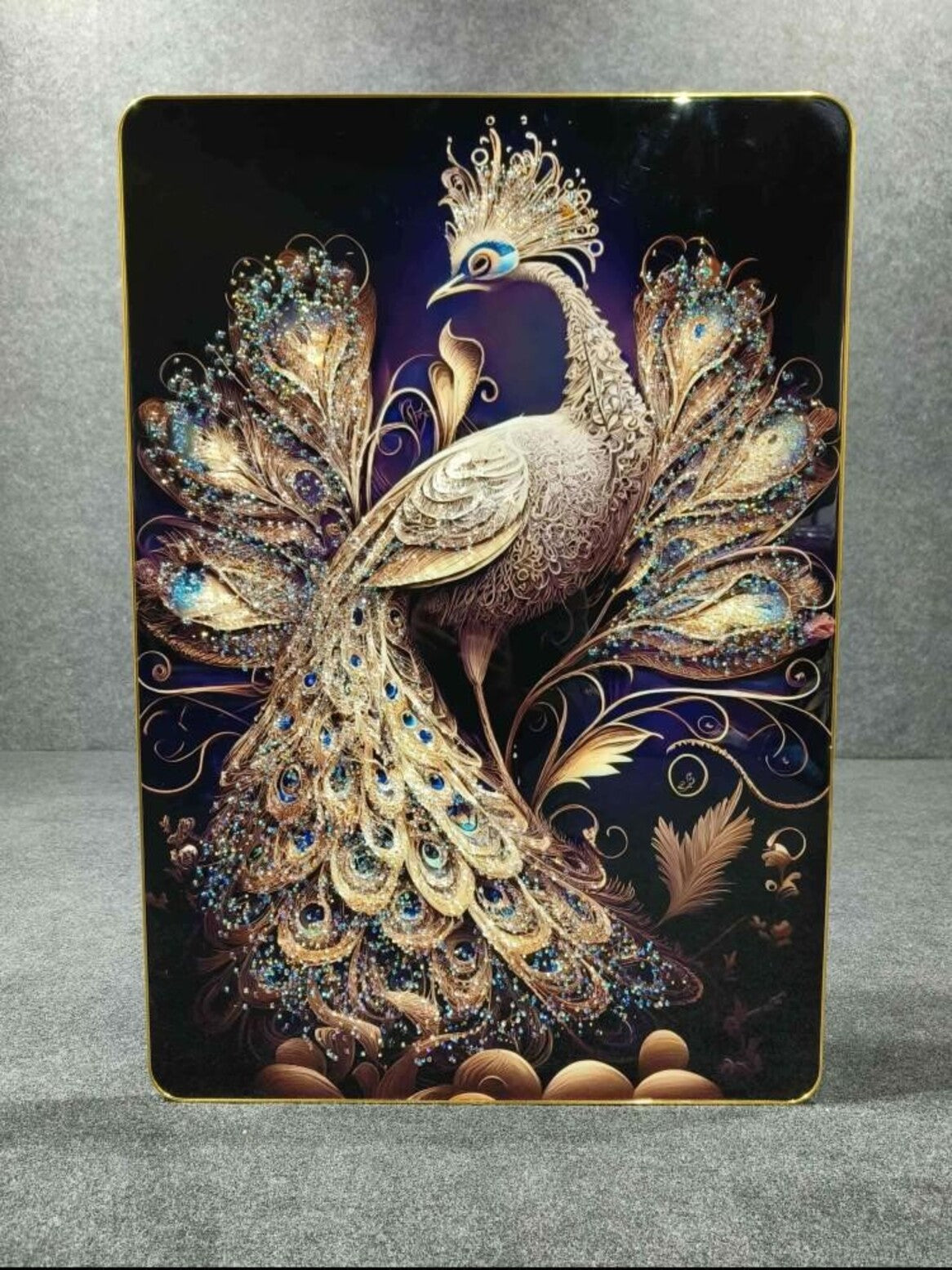 Crystal Paintings Iridescent Majesty: Golden Peacock Feather Display Wall Art