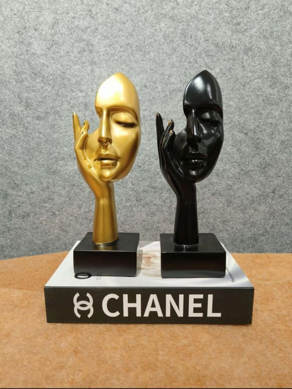 Artifacts Modern Abstract Face Sculptures on Chanel-Inspired Book Base | Expressive Art Decor Set