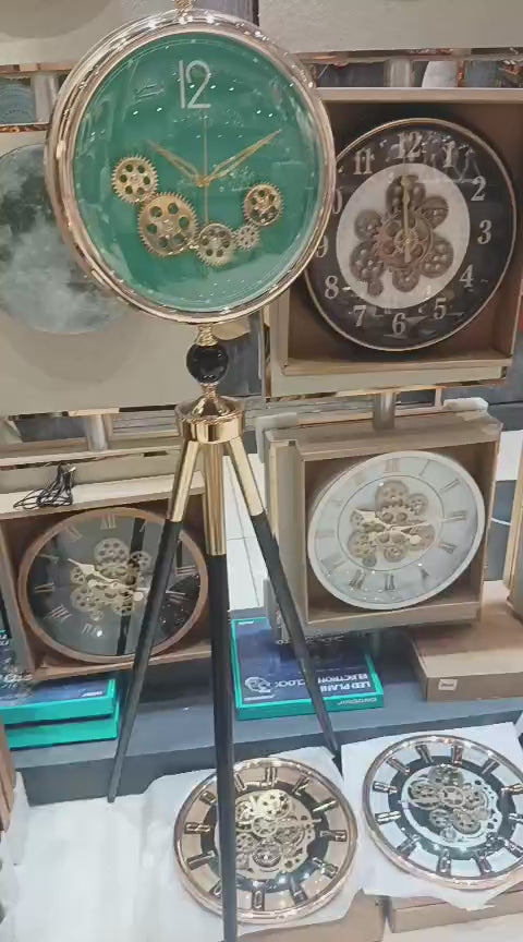 Tripod clocks Luxury Tripod Standing Clock with Modern Gear Design & Gold Frame