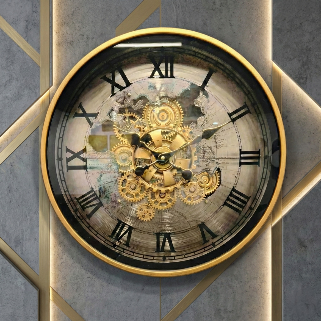 Vintage Industrial Metal Gear Wall Clock (Roman Numbers)