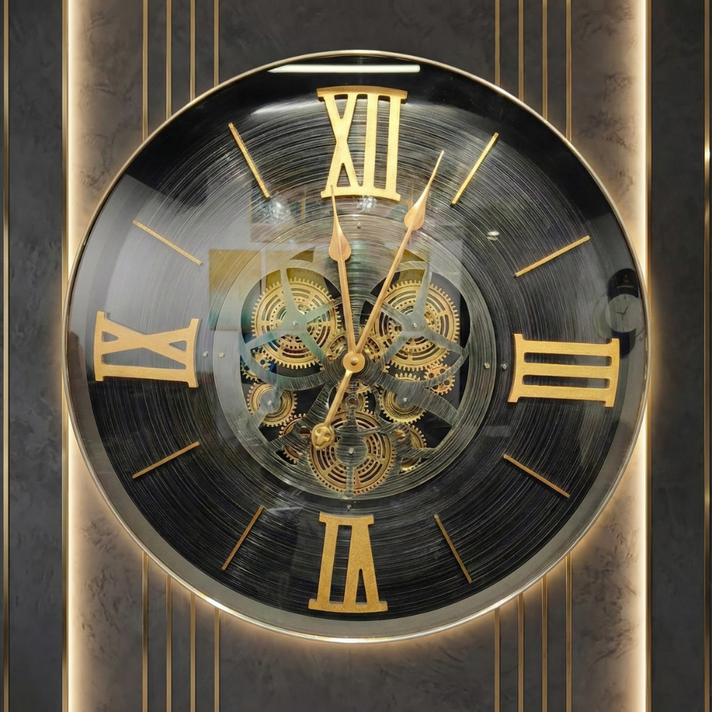 Luxury Black & Gold Metal Gear Wall Clock